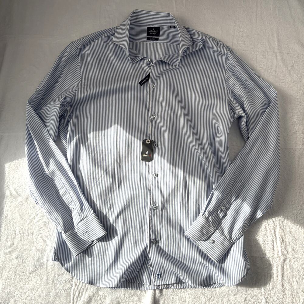NWT Johnnie-O Top Shelf Tencel Button Down Shirt Men's L Laguna Blue Jude Stripe